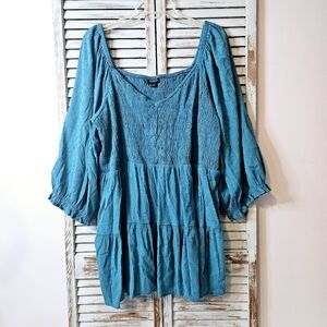 TORRID SMOCKED SWISS DOT BOHO TOP Womens Size 4 Blue Peasant Gypsy Cottagecore